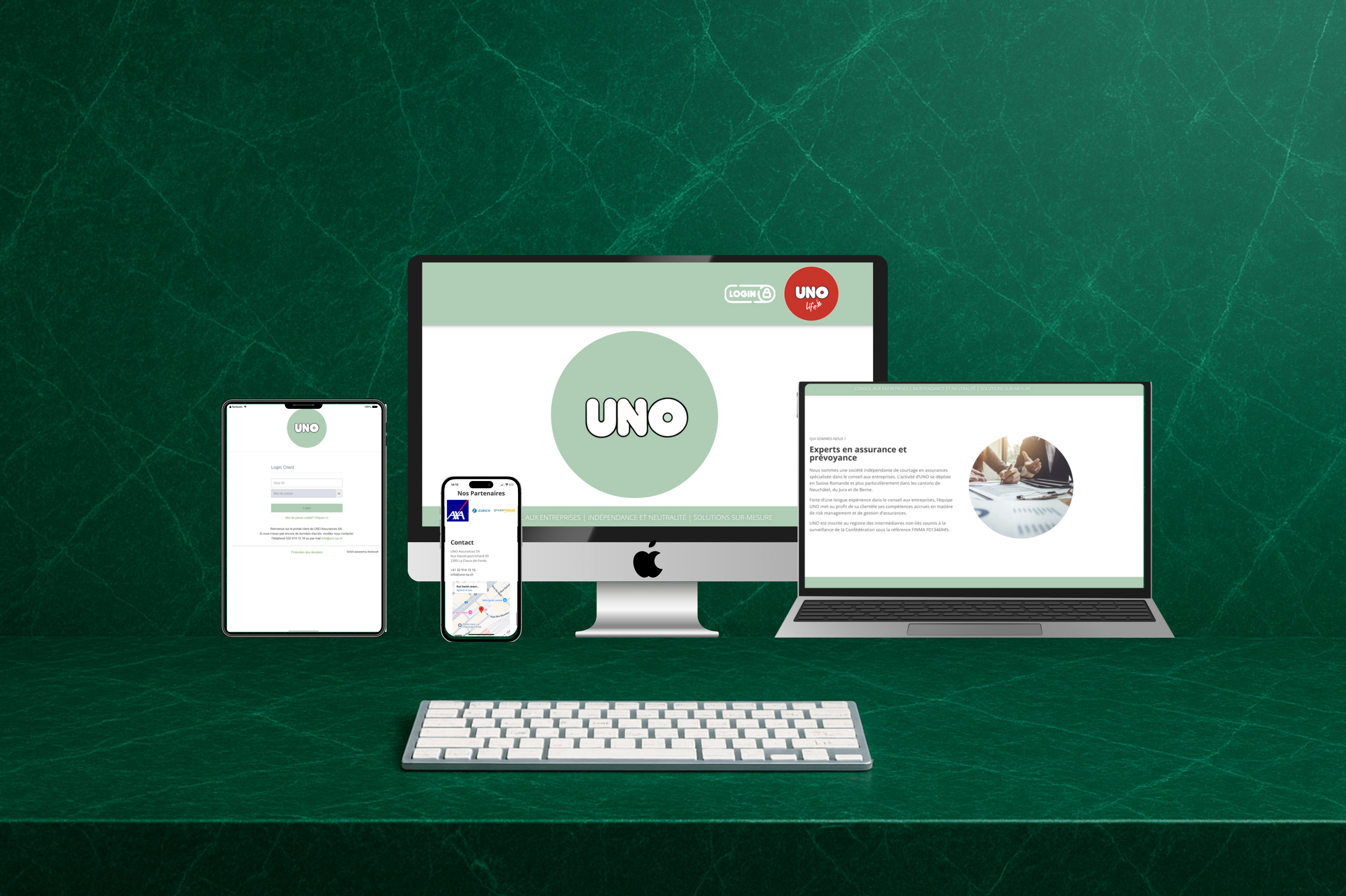 Site web professionnel pour UNO Assurances SA - Courtier en assurances à Neuchâtel avec formulaire de demande de devis